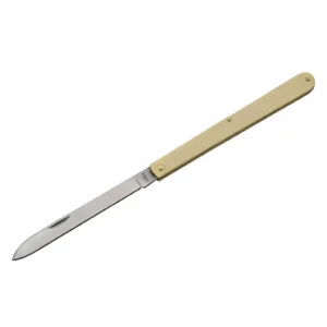 Slim folding fruit knife with a stainless steel blade and a cream-colored synthetic handle against a white background.