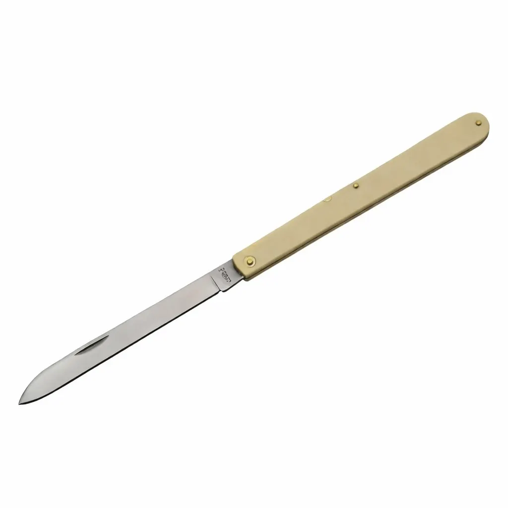 stainless-steel-fruit-knife-synthetic-cream-handle Slim folding fruit knife with a stainless steel blade and a cream-colored synthetic handle against a white background.