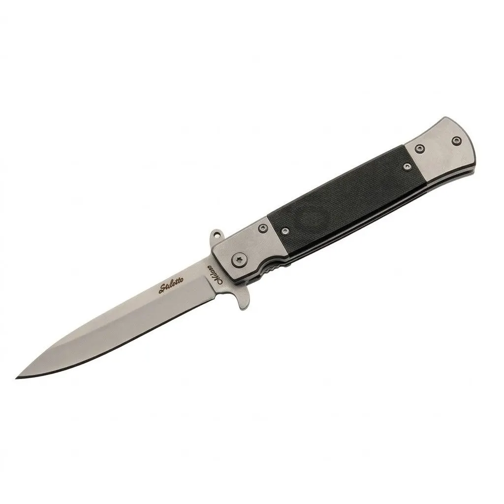 silver-g10-stiletto-folding-knife-open-profile Profile view of open stiletto folding knife with spear point stainless steel blade
