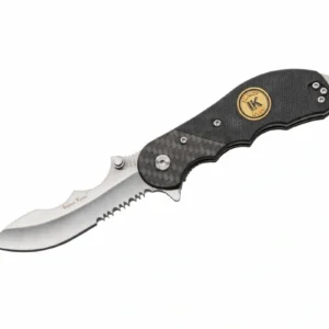 Half-serrated stainless steel blade on the Defender G10 folding knife.