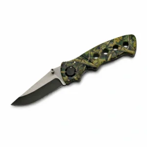 Full view of the open camo folding knife featuring the two-tone stainless steel drop point blade.