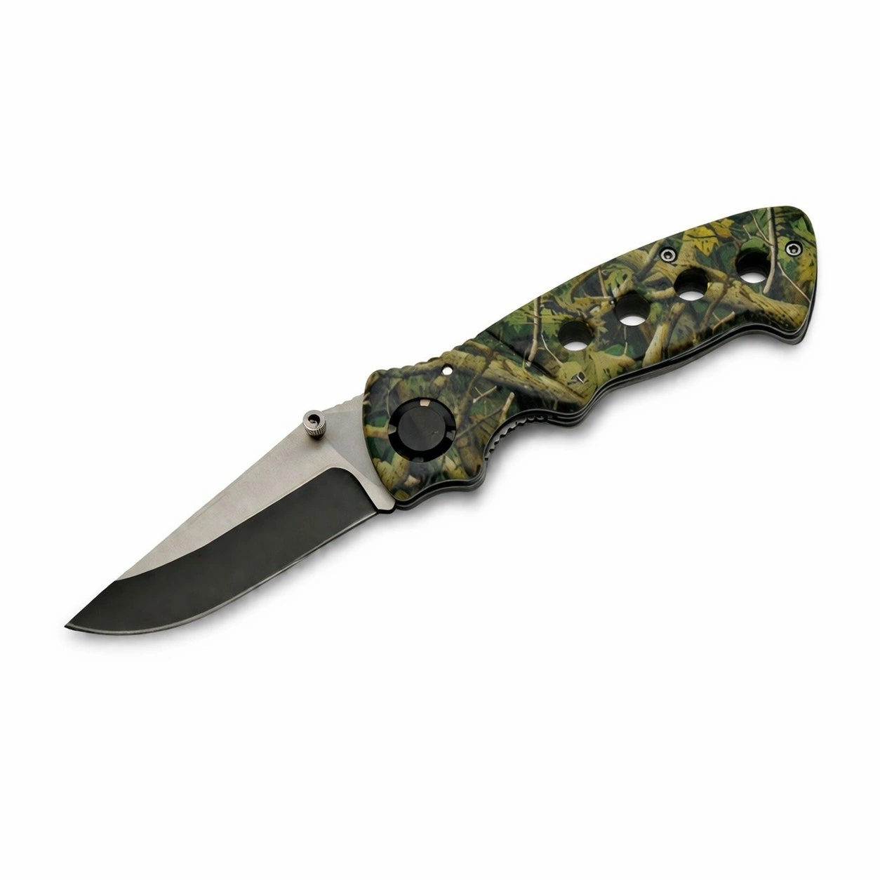 camo-aluminum-folding-knife-open. Full view of the open camo folding knife featuring the two-tone stainless steel drop point blade.