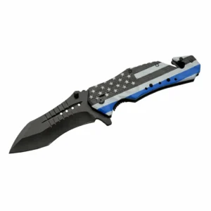 Full view of the open police flag linerlock highlighting the 4 inch black 3Cr13 steel blade.