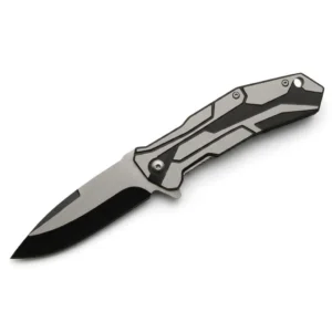 Fully opened Black Raider knife featuring the two-tone black titanium finish blade and angular handle.