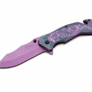 Open Purple Flying Dragon Rescue knife showcasing the purple coated tanto blade and liner lock.
