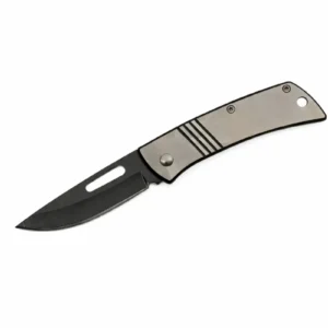 Open view of the engravable black blade folding knife with a brushed stainless steel handle and thumb slot.