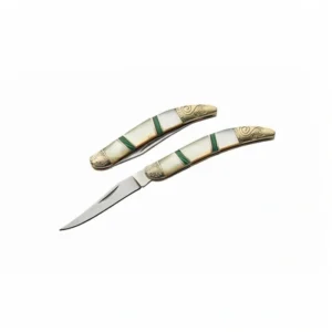 Two Mother of Pearl folding knives showing open and closed positions