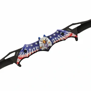 Stainless steel folding knife with both assisted blades deployed.