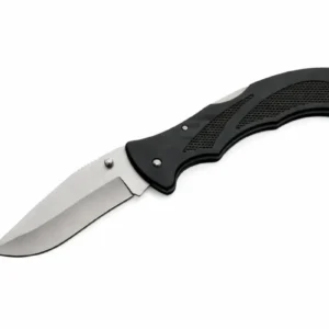 Black folding lockback knife with stainless steel clip point blade.