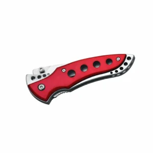 Close up of red ABS handle on a folding utility knife.