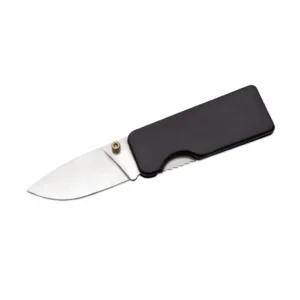 Open view of the stainless steel money clip knife with black aluminum handle.