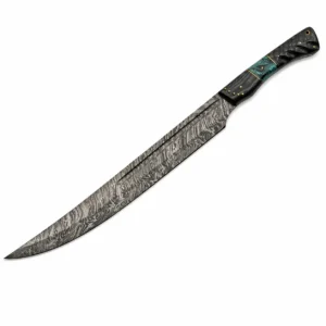 Close-up of the flowing pattern on a Damascus steel fixed blade.