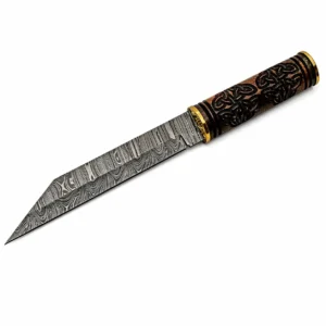 Profile view of a Celtic Triquetra seax showing the wavy Damascus blade pattern and engraved dark wood handle.