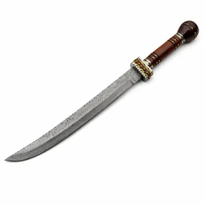 An angled view of the Axevar fixed blade short sword highlighting the intricate Damascus steel patterns and ergonomic wood handle.