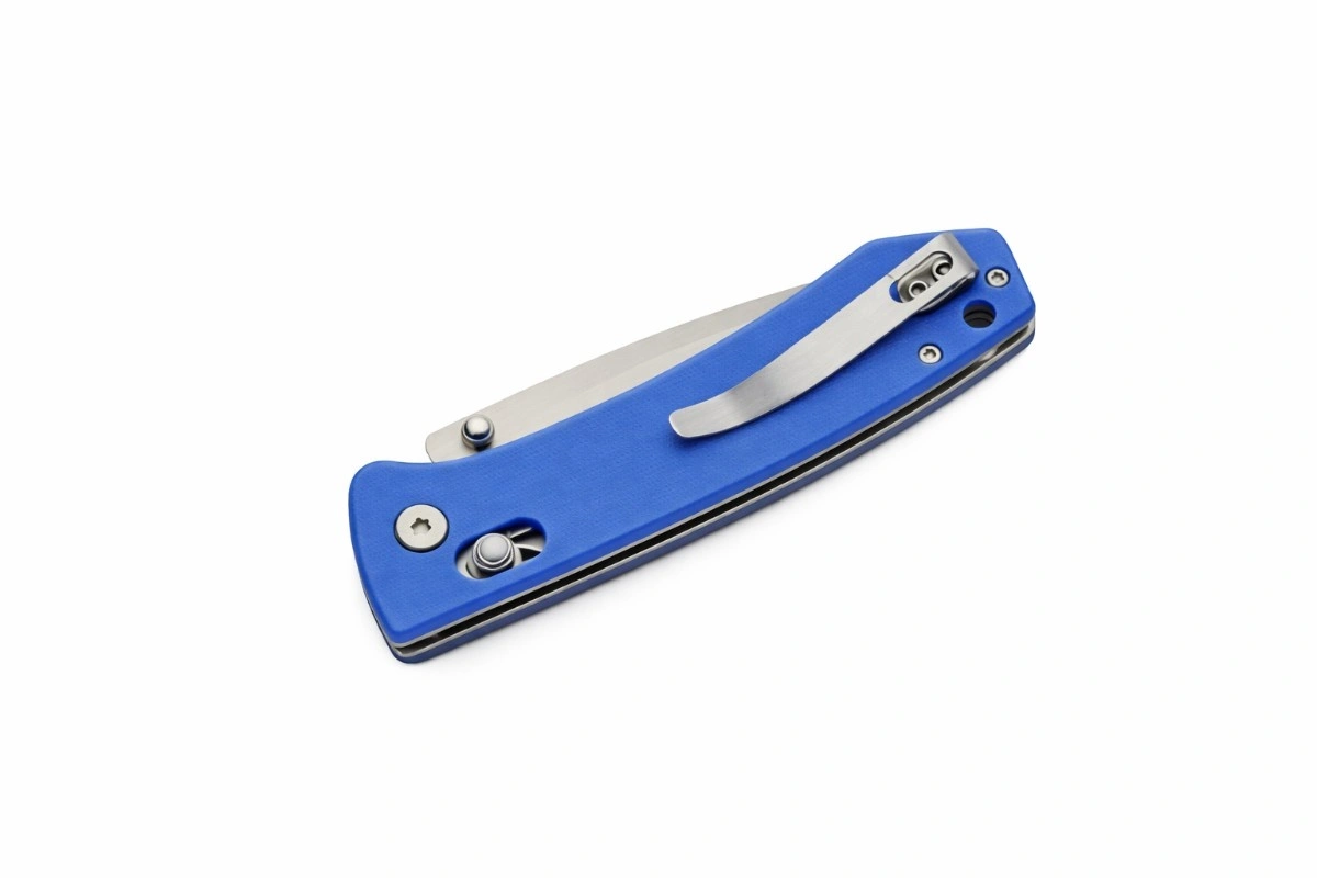 blue-g10-rolling-lock-knife blue G10 EDC knife with rolling lock and satin blade finish.