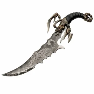Close up of the black ABS scorpion tail handle on fantasy knife.