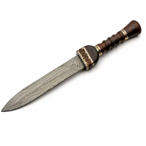 Angled view of the Axevar fixed blade short sword highlighting the rippled Damascus steel pattern and ergonomic finger-groove wood handle.