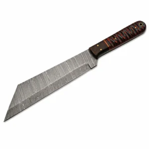 Angled profile of the Damascus steel full tang Seax knife showcasing the "broken back" blade style and red-black grooved handle.