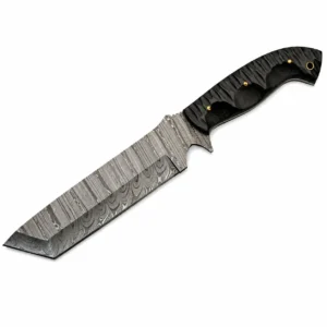 Profile view of a 13-inch Damascus tanto cleaver with black micarta scales.