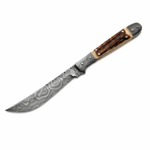 Profile view of the Frontier Hunter featuring Damascus bolsters and a rugged stag handle.