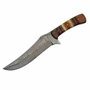 Profile view of the Mojave Hunter showing the 7.5 inch Damascus steel blade and decorative carved handle.