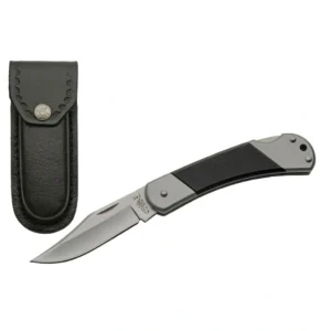 An open G10 lockback pocket knife shown next to its black pebbled leather belt sheath with a silver snap button.
