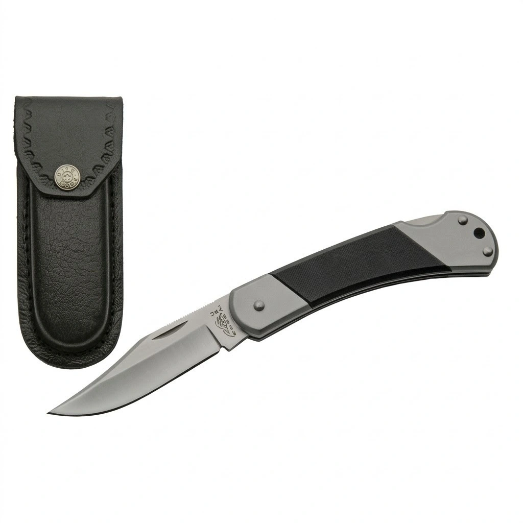 g10-lockback-knife-with-leather-sheath An open G10 lockback pocket knife shown next to its black pebbled leather belt sheath with a silver snap button.