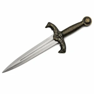 Close up of brass wire wrapped handle on a stainless steel dagger.