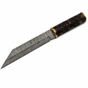 Profile view of a hand-forged damascus seax showing the broken-back blade style.
