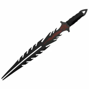 Close up of the red fire breathing dragon artwork on the black stainless steel blade.