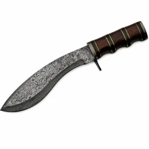 Full profile view of 12.5 inch Damascus Kukri fixed blade knife.