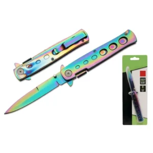 Product set view showing the open and closed rainbow folding knife alongside its retail packaging.