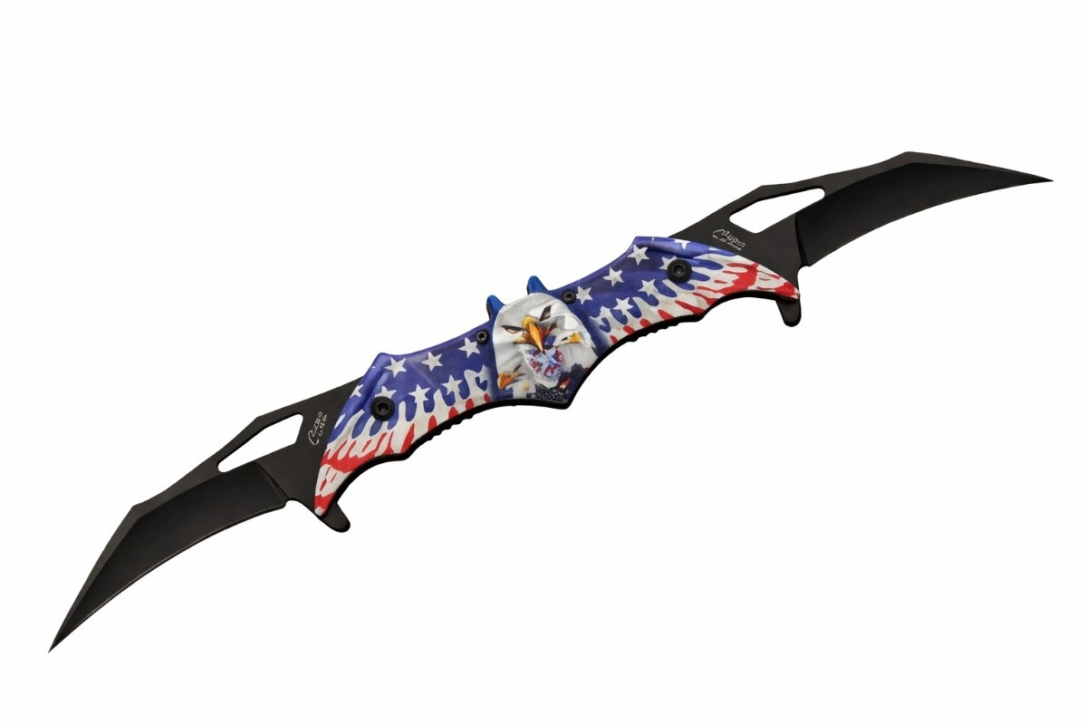 eagle-twin-blade-folder-open Stainless steel folding knife with both assisted blades deployed.