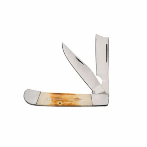 Traditional bone handle razor trapper knife with dual stainless steel blades fully open.