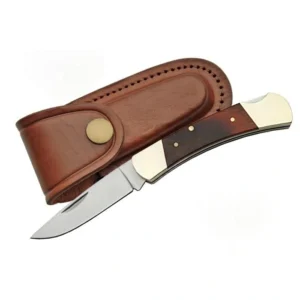 Traditional pakkawood lockback folding knife with brown leather belt sheath.