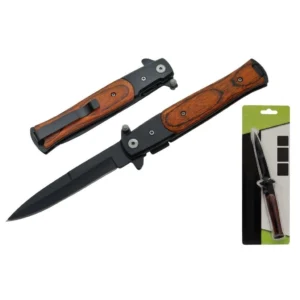 Wood stiletto folding pocket knife shown in both open and closed positions with pakkawood handle.