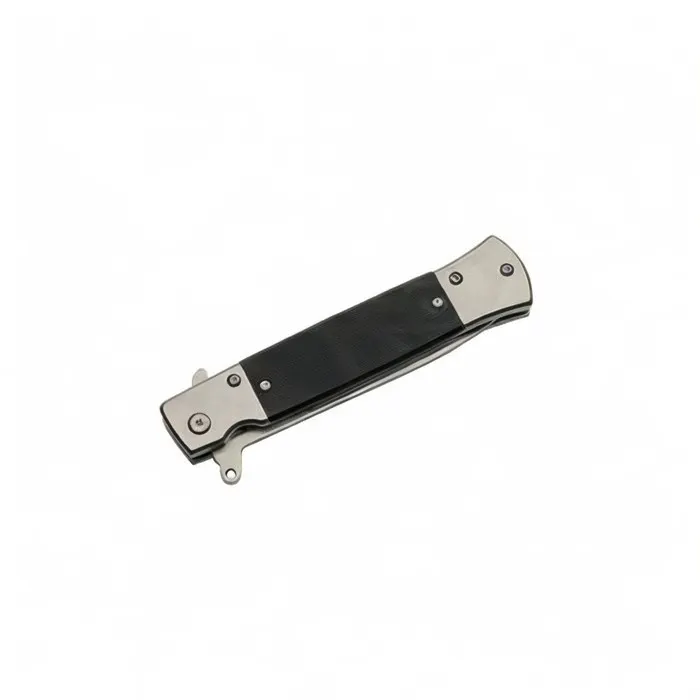 silver-g10-stiletto-folding-knife-closed-position Closed view of black G10 stiletto folding knife showing satin bolsters
