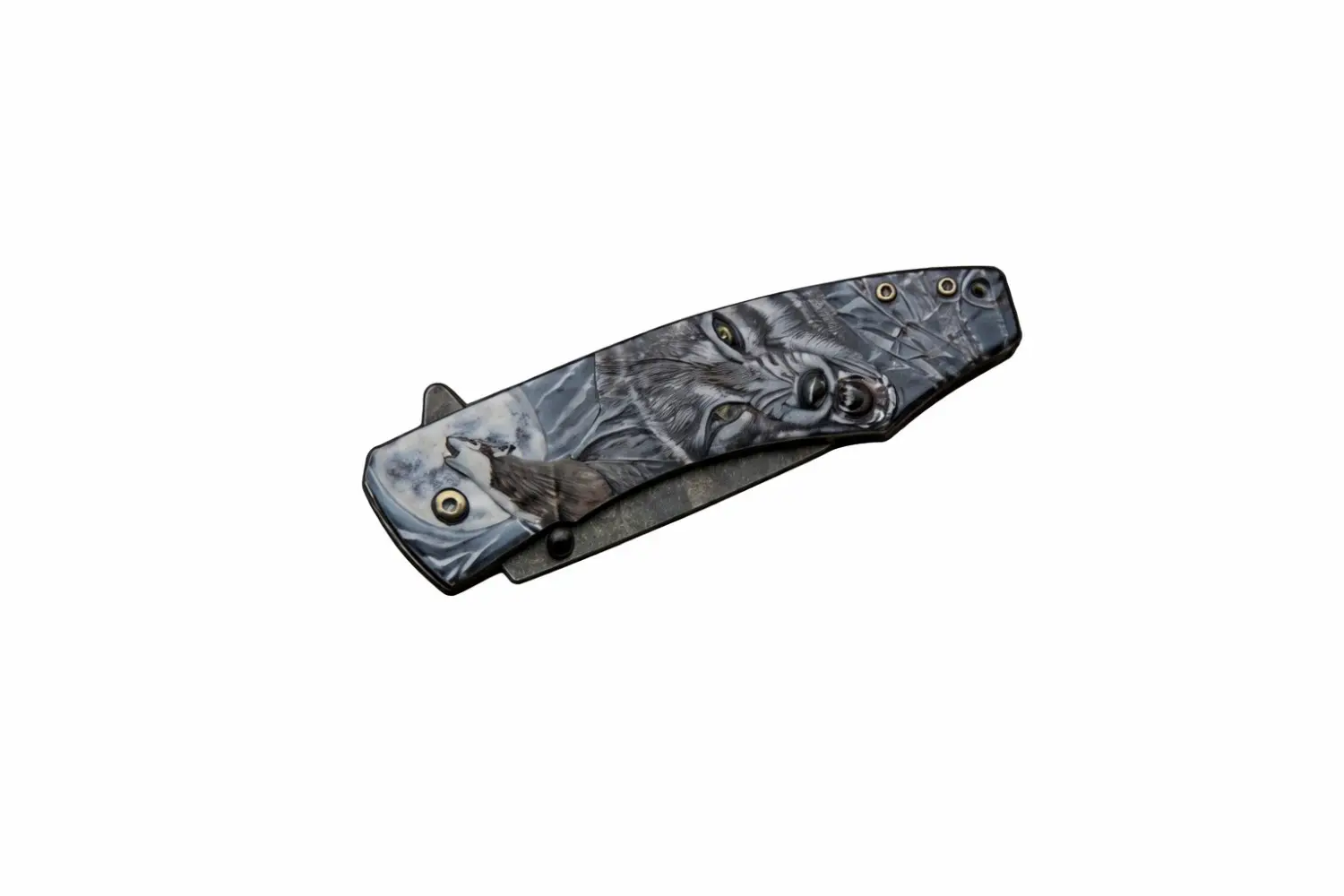 dark-moon-liner-lock-wolf-art Front view of a Dark Moon pocket knife featuring a detailed illustration of a wolf howling at the moon on the handle.