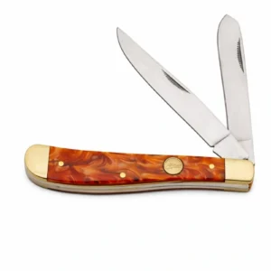 REDCLAY TRAPPER folding knife with both stainless steel blades deployed in an open position.