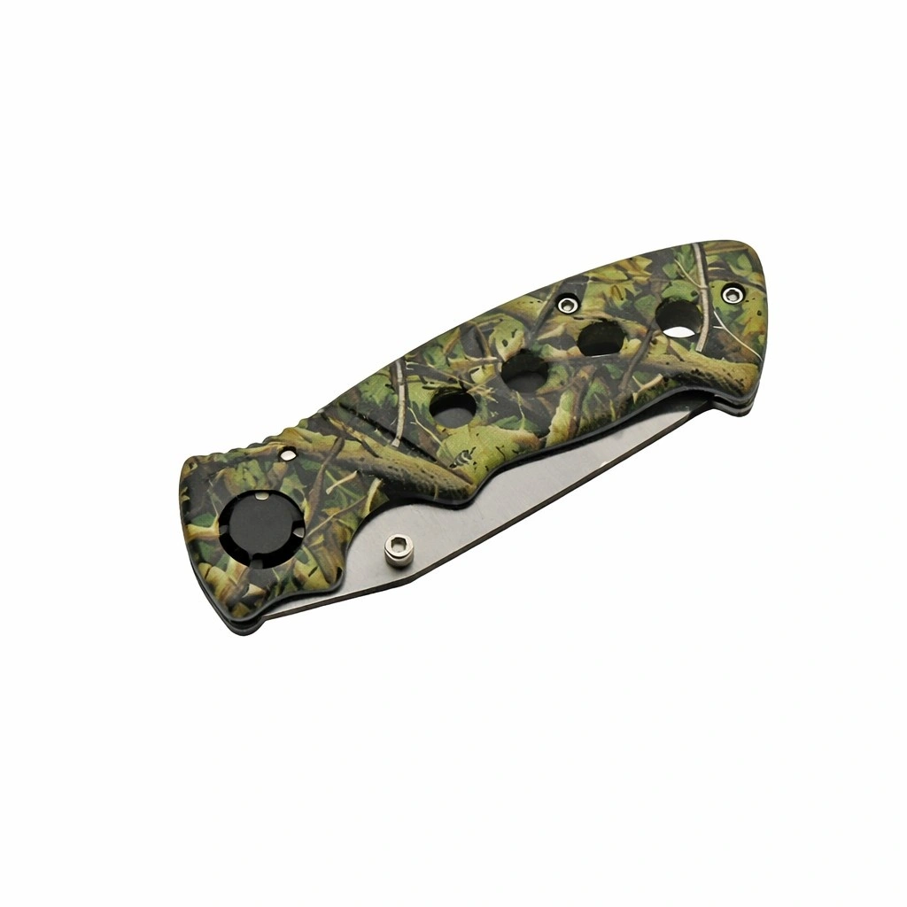 camo-hollow-handle-folding-knife. Front side of the camo aluminum handle showing the weight-reducing hollow cutouts and thumb stud.