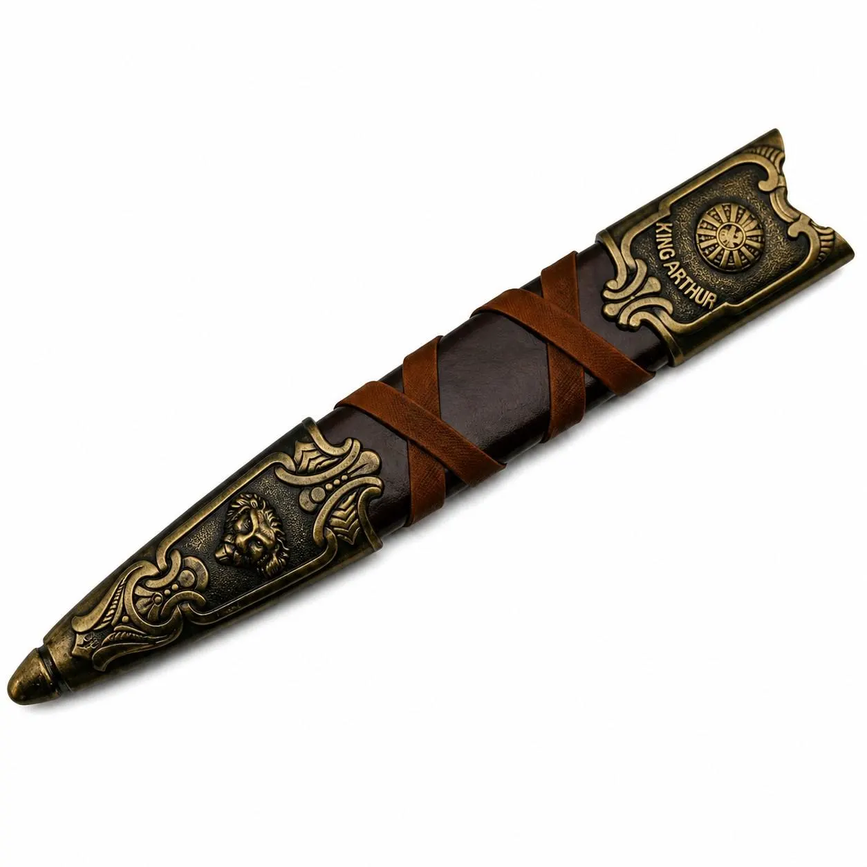 king-arthur-dagger-with-ornate-scabbard Specialty fixed blade dagger secured in a brass-finished decorative scabbard.