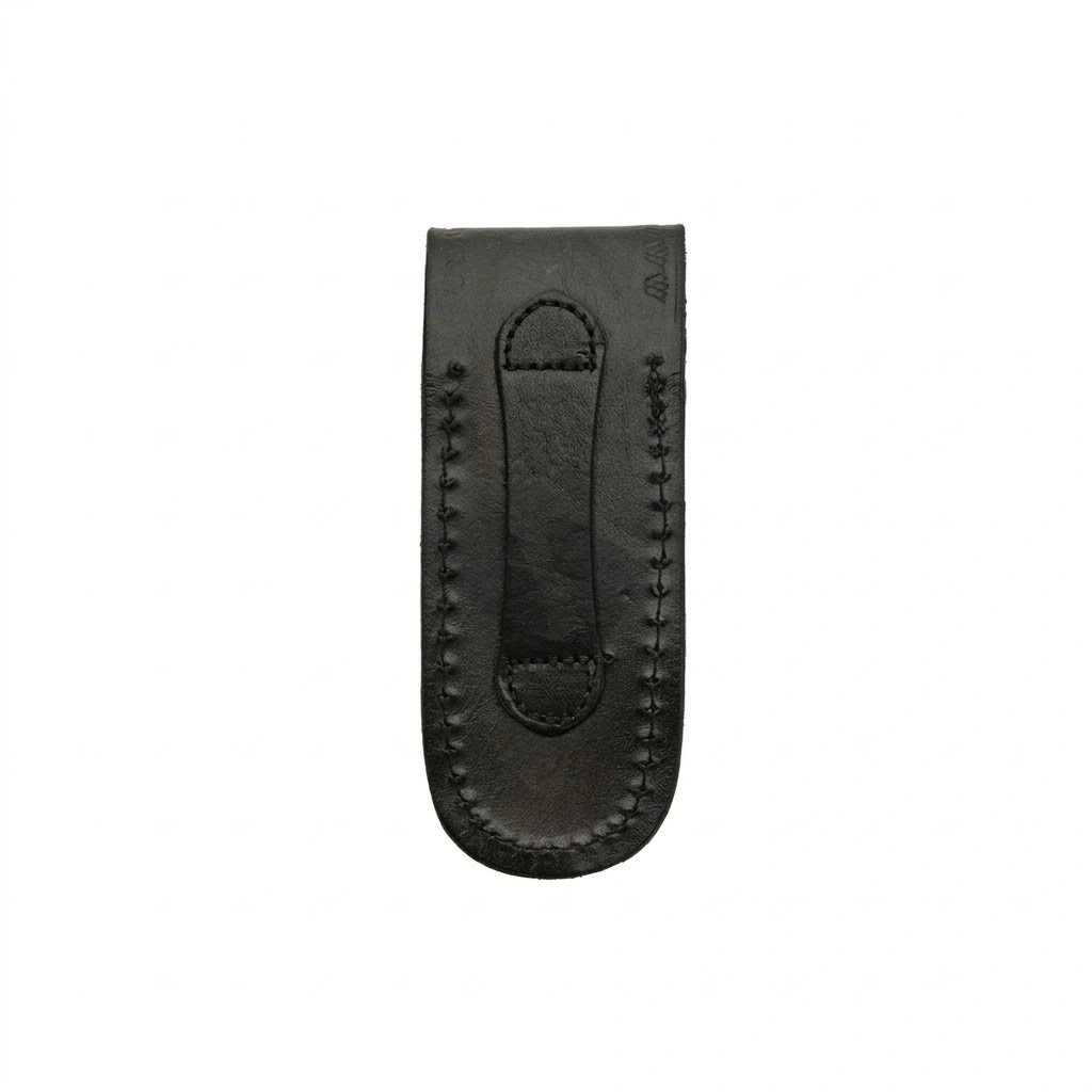 g10-lockback-black-leather-sheath-back The back view of the black leather sheath for the G10 lockback knife, featuring a reinforced belt loop and stitching.