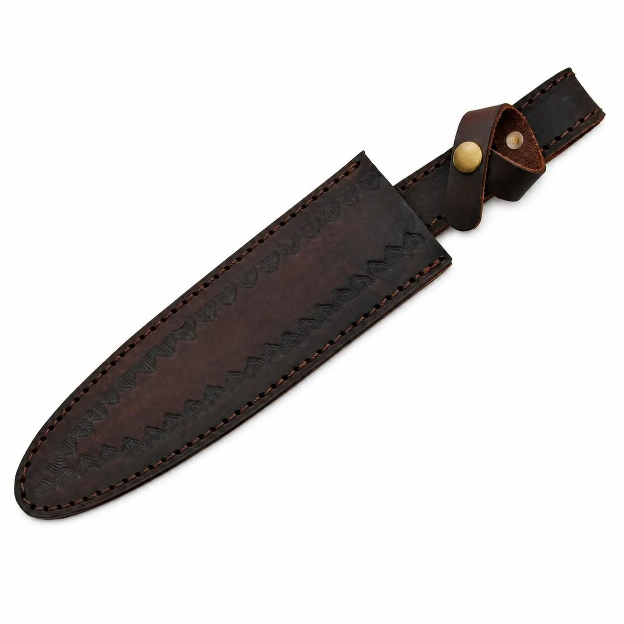 leather-sheath-for-damascus-dirk. Dark brown hand-stitched leather sheath for a custom fixed blade dirk.