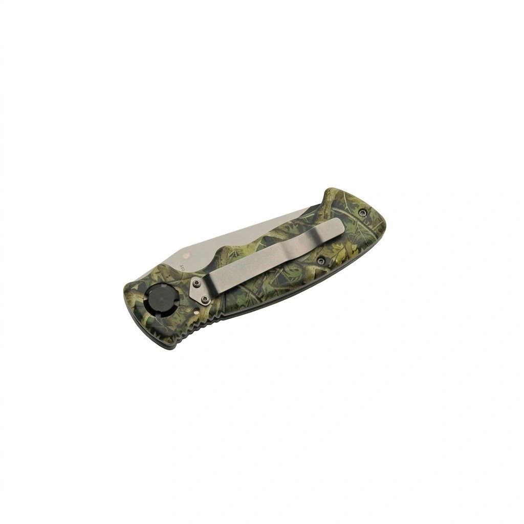 camo-folding-knife-pocket-clip-side. Reverse side of the folded camo knife highlighting the stainless steel pocket clip and frame construction.