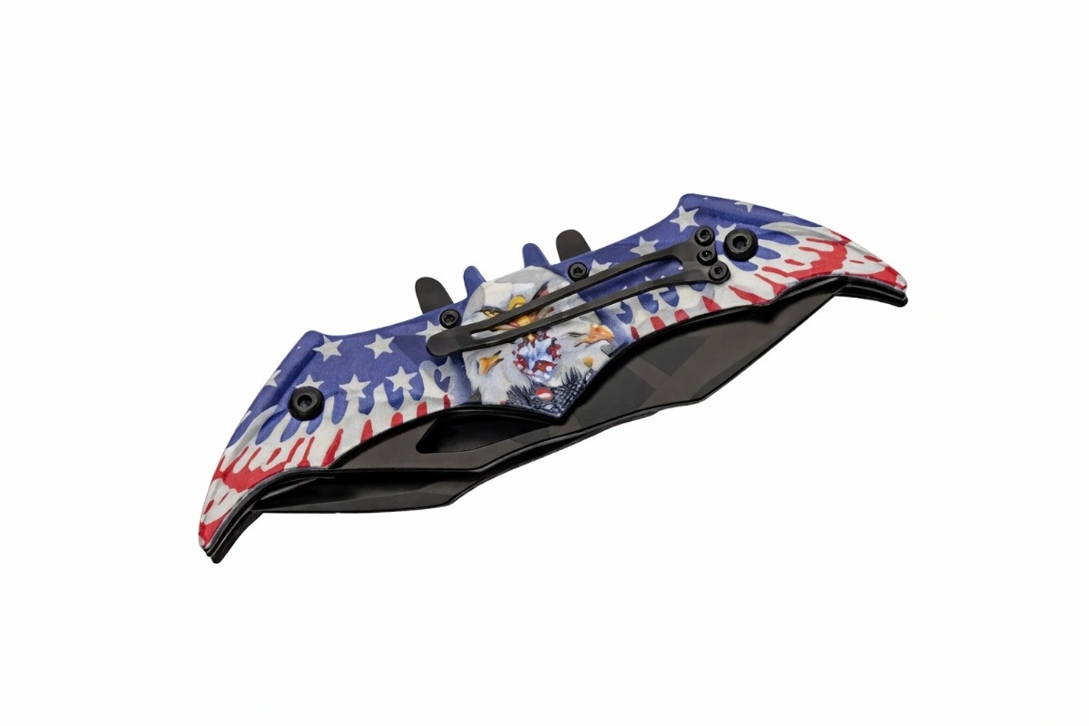 eagle-twin-blade-folder-pocket-clip Detail view of the stainless steel carry clip on the eagle folder handle.