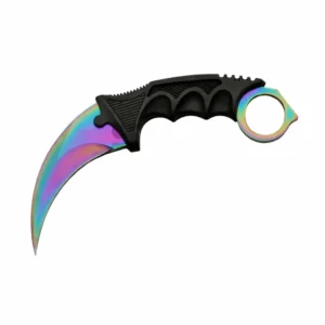 View of the curved hawkbilled blade profile with rainbow spectrum finish.
