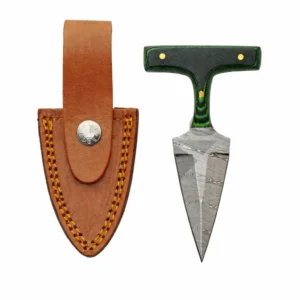 Damascus push dagger with green micarta handle and leather sheath.