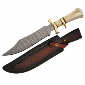 Full 16-inch camel bone Damascus Bowie knife shown with its custom hand-stitched leather sheath.