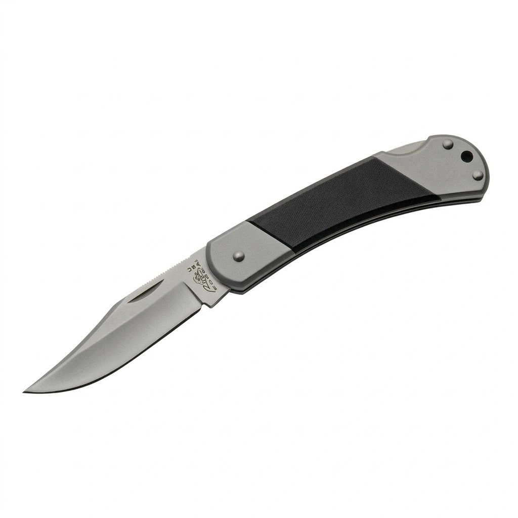 g10-lockback-knife-open-blade. A fully open G10 lockback knife featuring a clip point blade and a dual-tone grey and black handle.