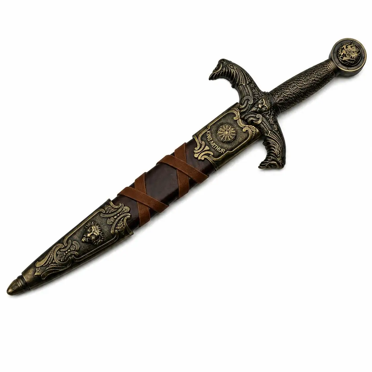 king-arthur-dagger-brass-wire-wrapped-handle 15.75 inch King Arthur dagger in a black and brass scabbard featuring a brass wire-wrapped handle and ornate lion pommel.